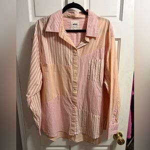 Aerie Cotton Pink and Cream Patchwork Shirt
